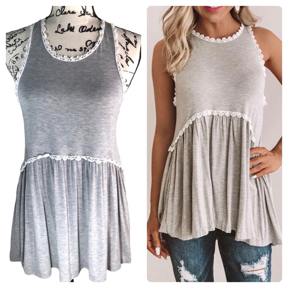 POL - Embroidered Floral Trim Tank Top Exposed Back Zipper Grey/White S